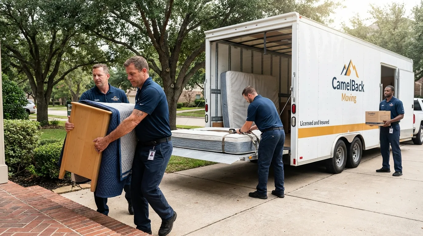 Crew loading residential truck for cross-state move from Cortland, IL