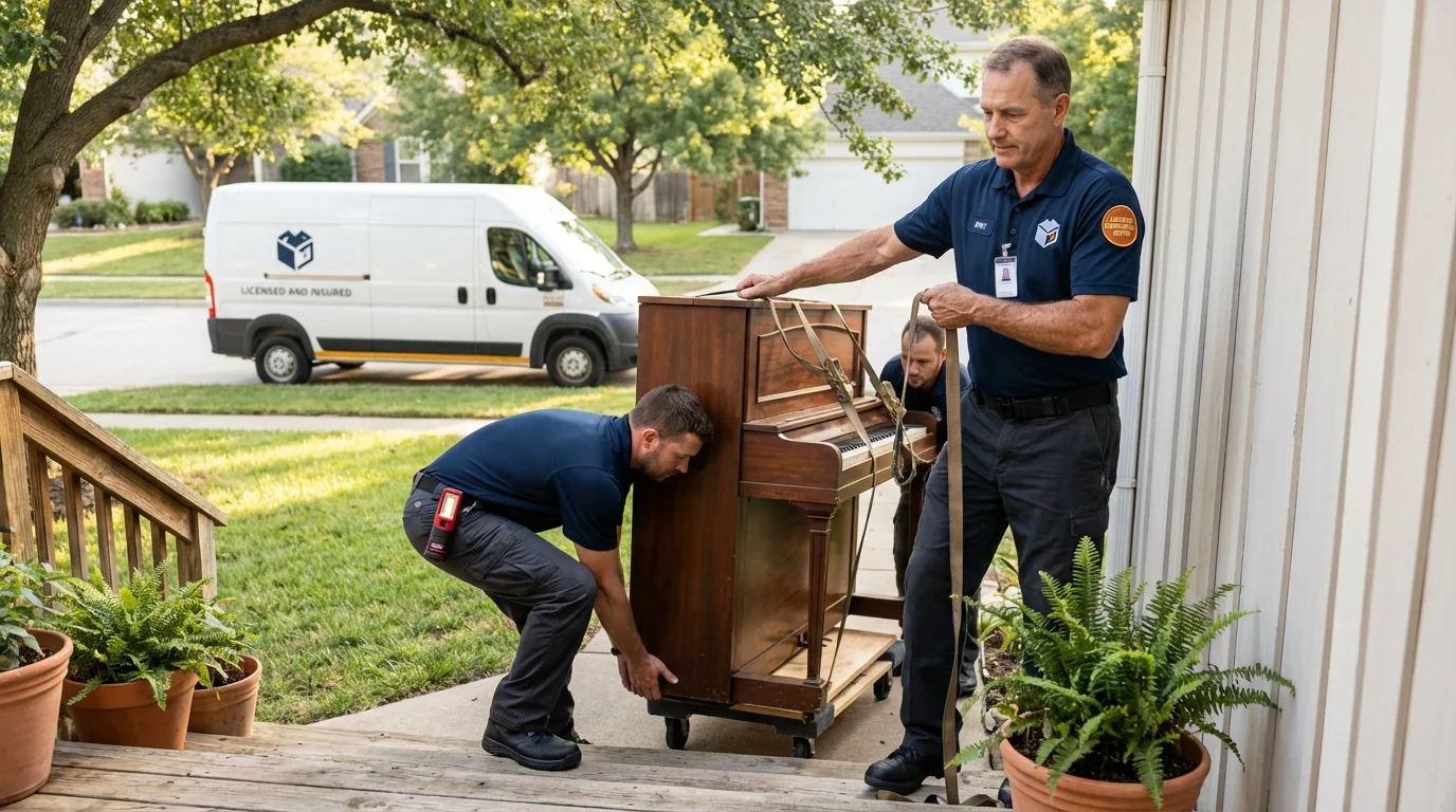 Licensed piano movers securing grand piano in Cortland, IL