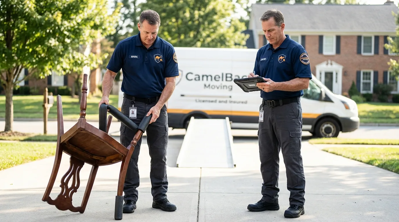 Movers inspecting furniture for damage prevention before loading in Cortland, IL