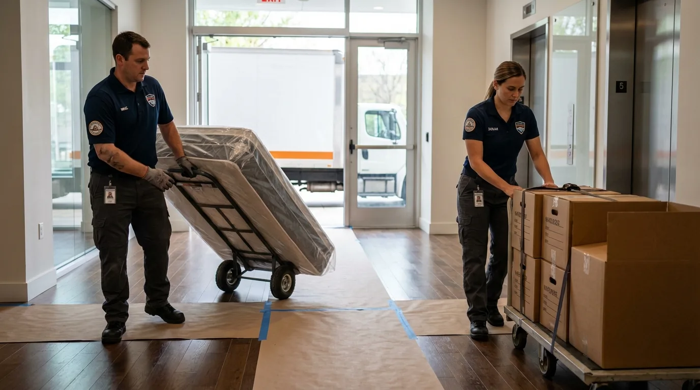 Professional apartment movers loading elevator in Cortland, IL