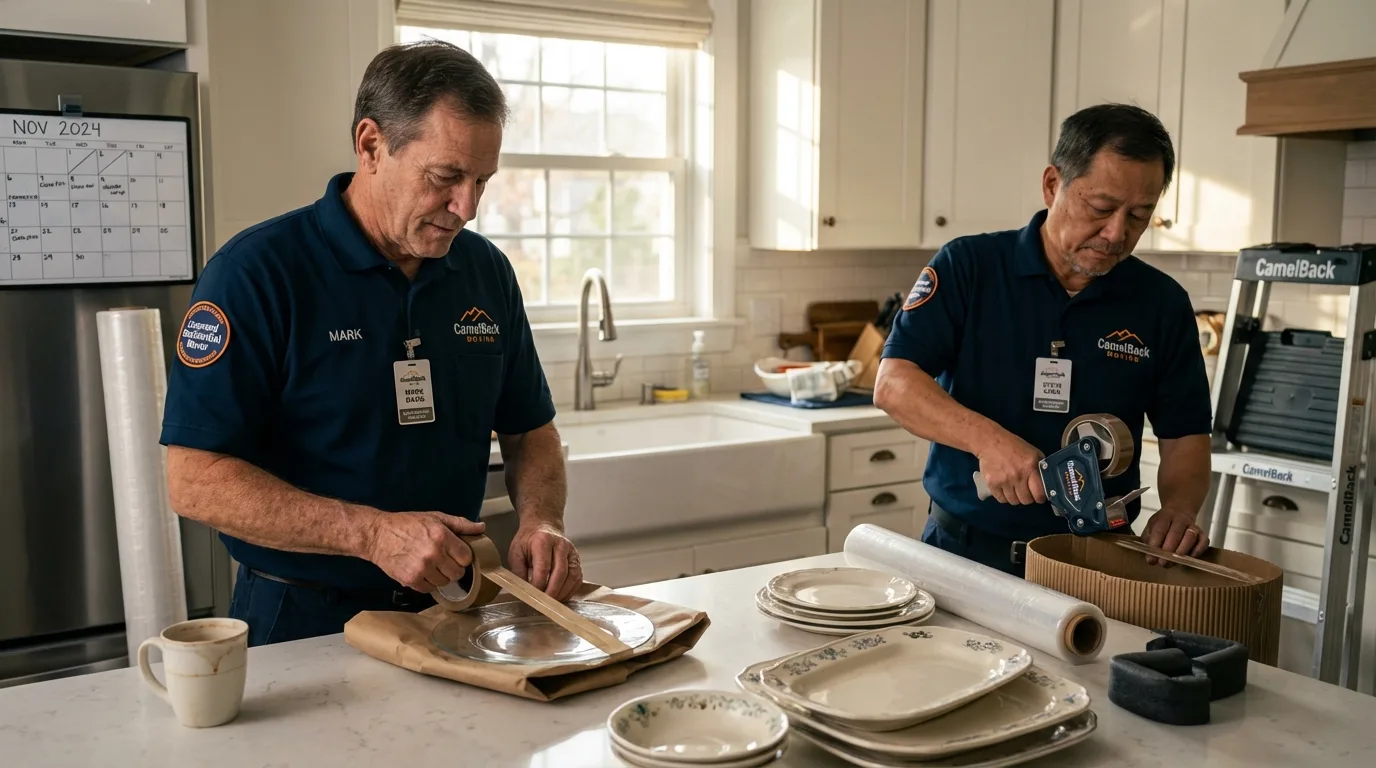 Professional crew packing kitchen dishware in Cortland, IL